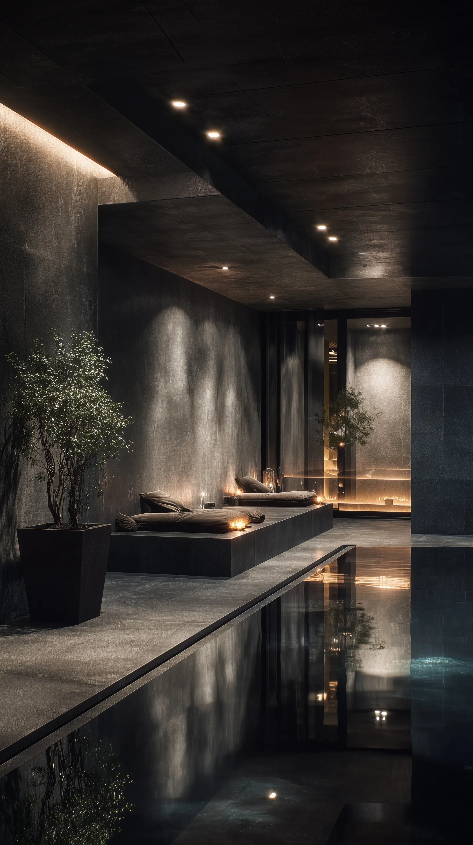 A luxury modern minimalist indoor spa with moody cinematic lighting and high-end stone and wood finishes at night.