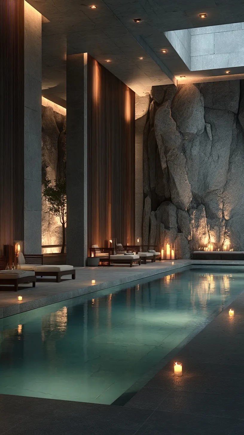Modern luxury indoor villa spa with a heated pool, natural stone walls, and ambient lighting for home renovation.