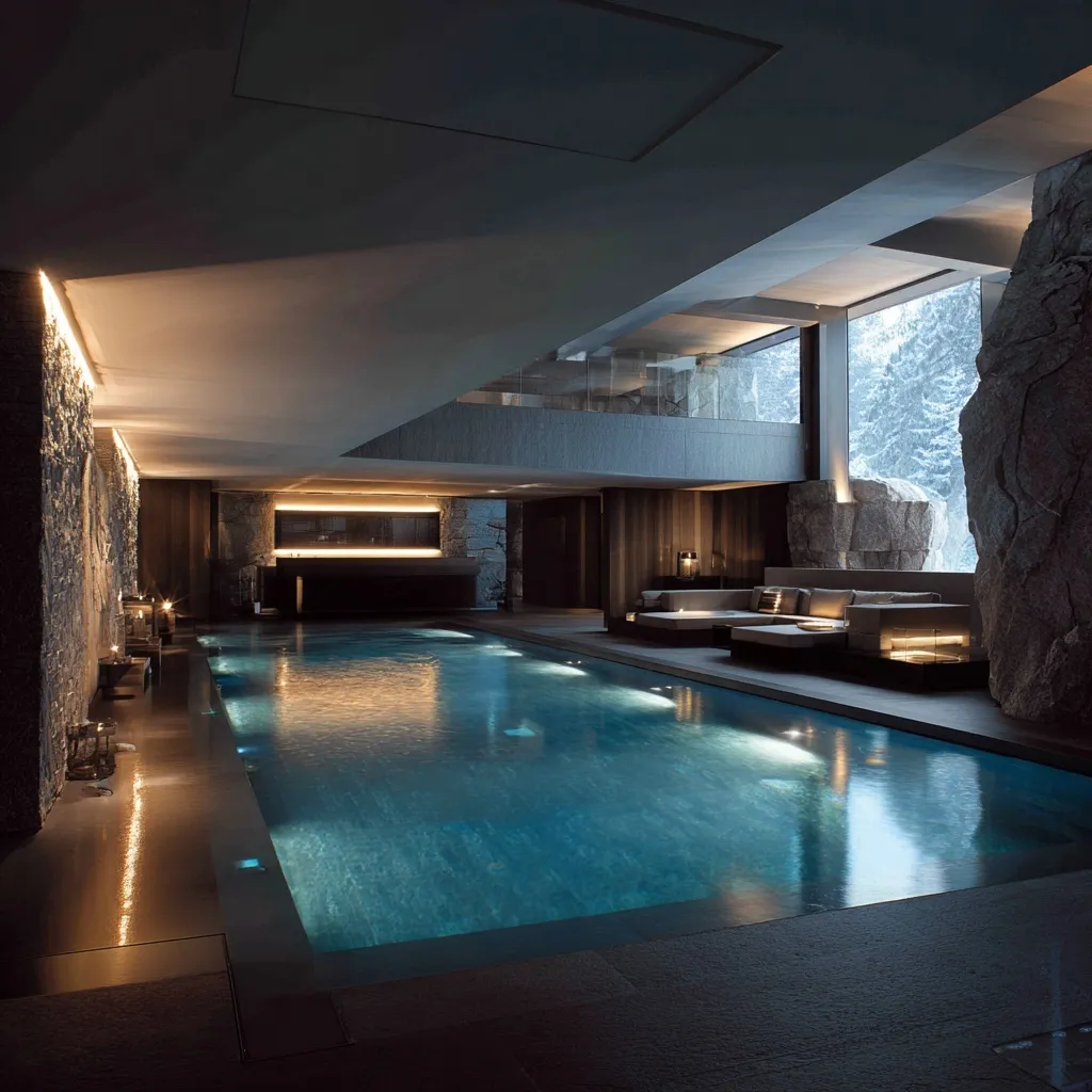 A luxurious modern chalet spa with an indoor pool featuring futuristic Mies van der Rohe inspired architecture.