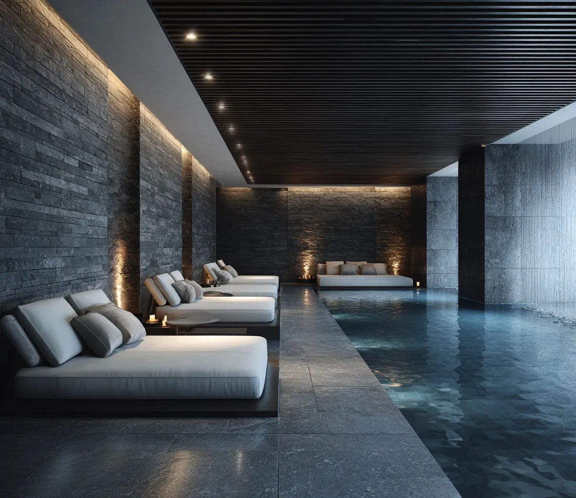 Luxury spa indoor pool with white loungers, dark slate walls, and moody architectural lighting in a minimalist style.