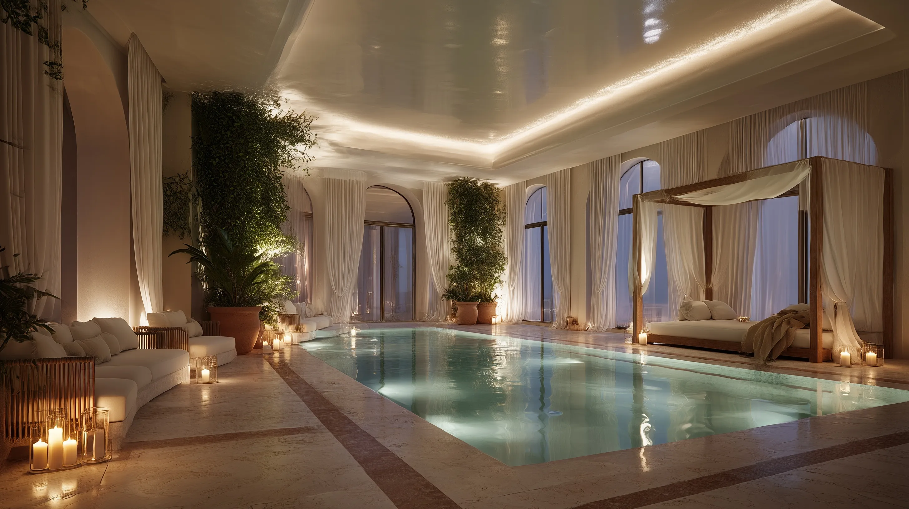 Luxury indoor spa with thermal plunge pool, travertine floors, and garden wall at a Lake Como-inspired retreat.