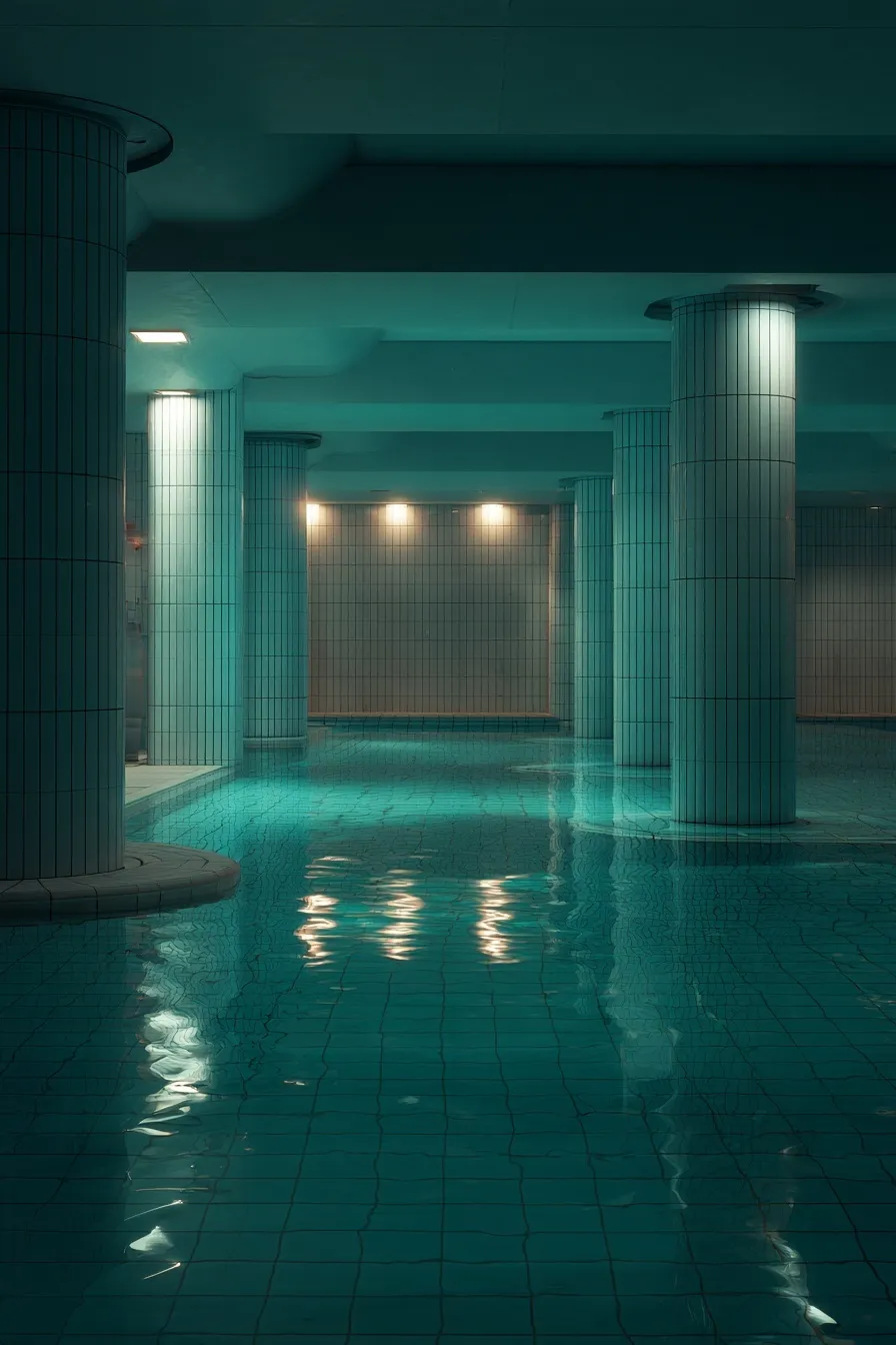Luxury indoor pool spa with clean tiles, clear water, and architectural pillars in a liminal space setting.