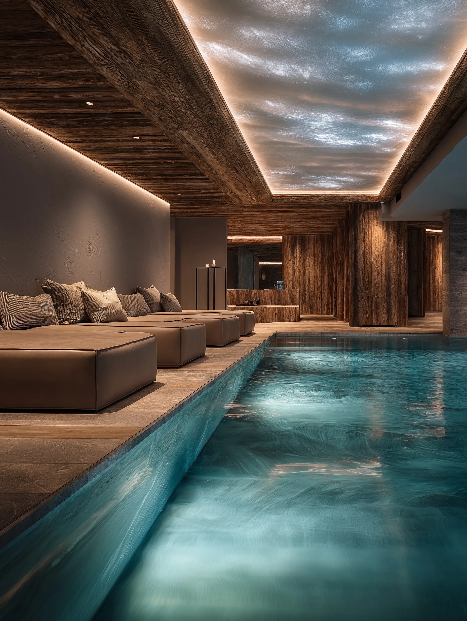 Luxury indoor pool spa with premium natural surface design for high-end home renovation and wellness architecture.