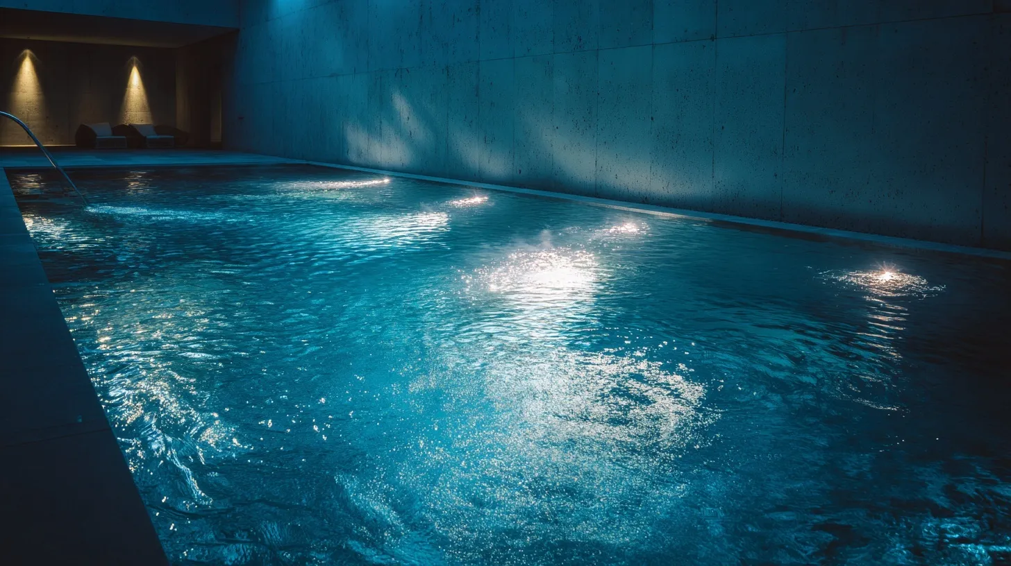 Underwater light illuminates a luxury indoor spa pool at night with elegant modern architecture.