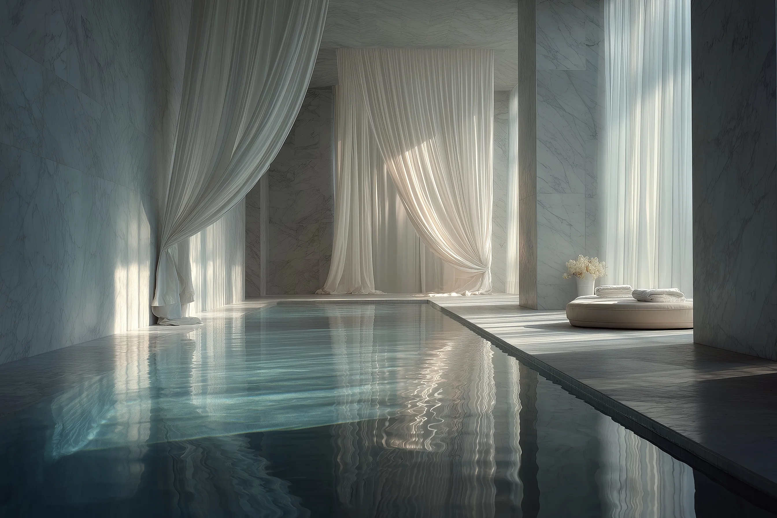 Minimalist luxury indoor spa with marble pool, soft morning sunlight, and serene atmosphere for home renovation.