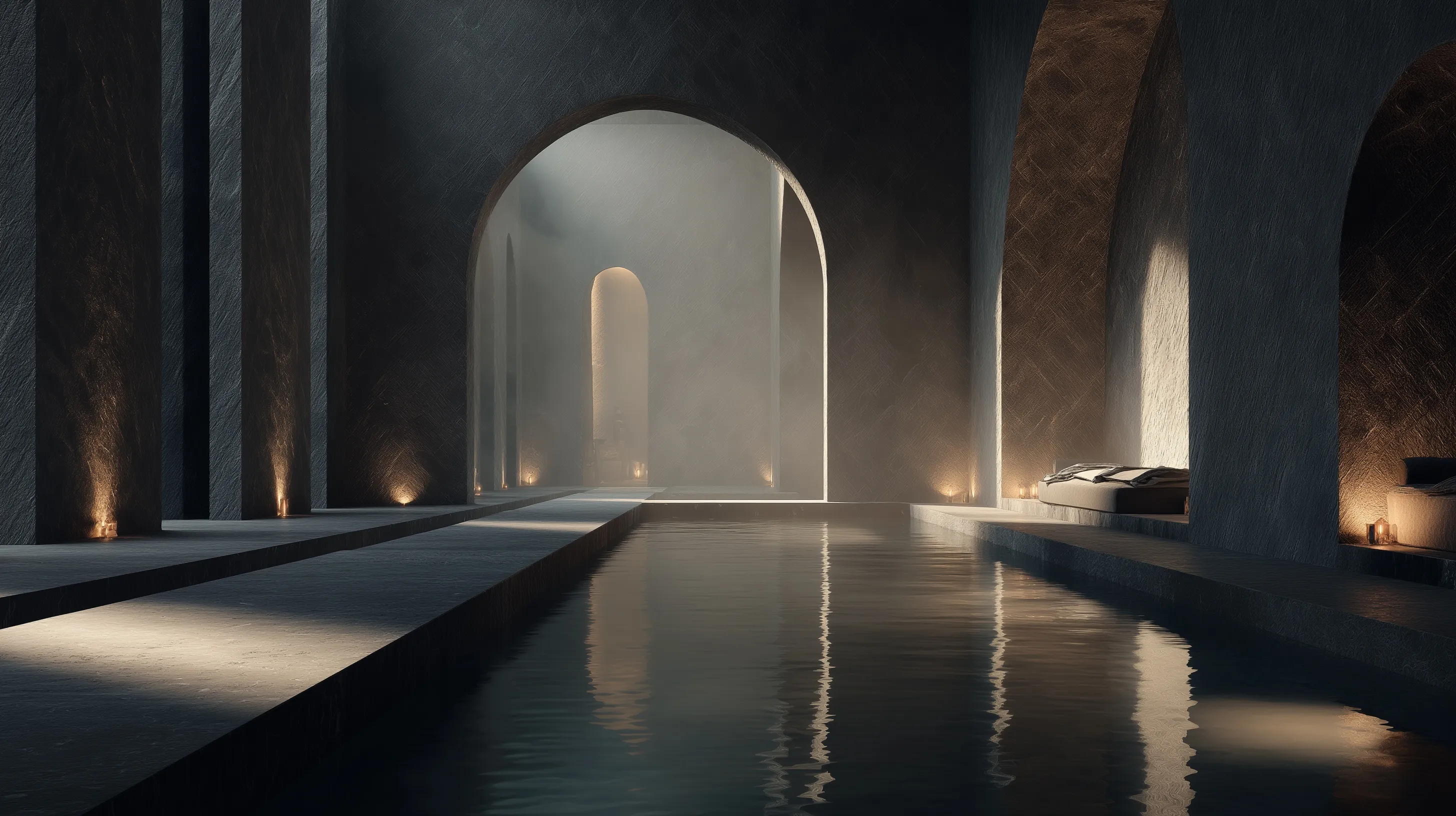Luxury Nordic-inspired indoor pool spa with modern marble, ancient stone, and ethereal atmospheric lighting.