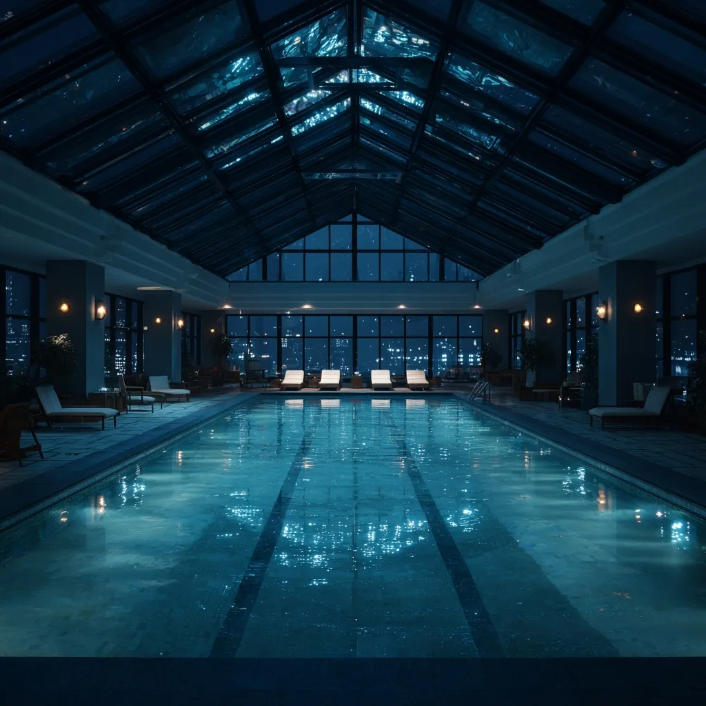 Empty luxury indoor hotel pool at night with glass ceiling, perfect for modern home renovation inspiration.