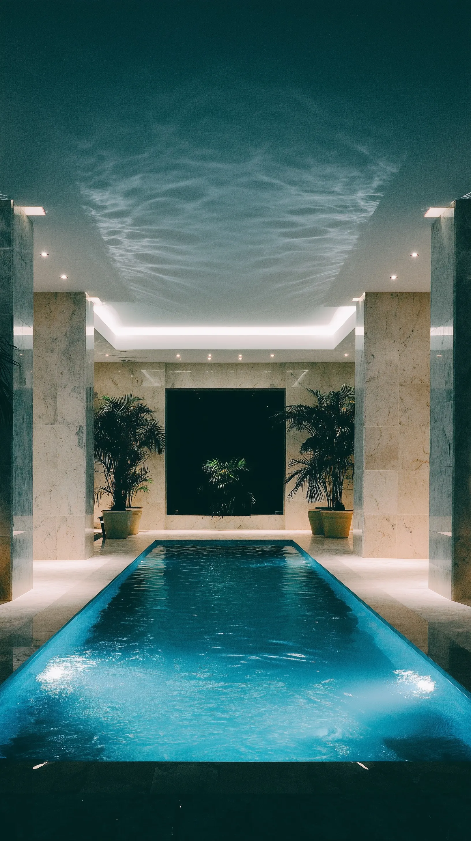 Luxury indoor villa pool spa at night with marble walls and soft cinematic water reflections for home design.