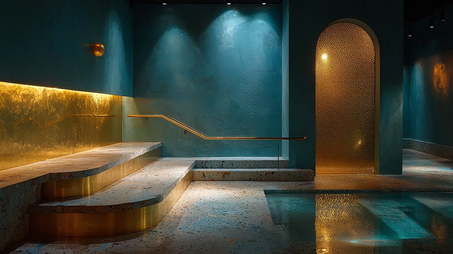 Luxury indoor pool spa room with brass railings, terrazzo platform, and symbolist wall art in a modern home.