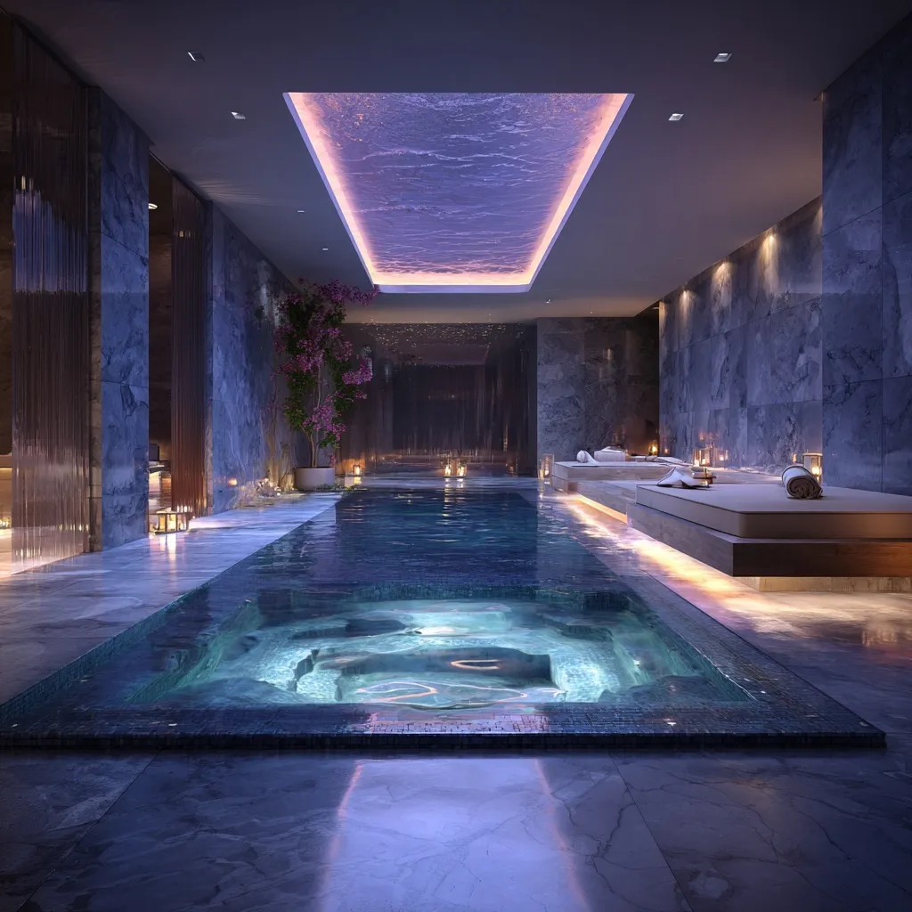 Photorealistic luxury indoor spa with a serene pool, perfect for modern home design and renovation inspiration.