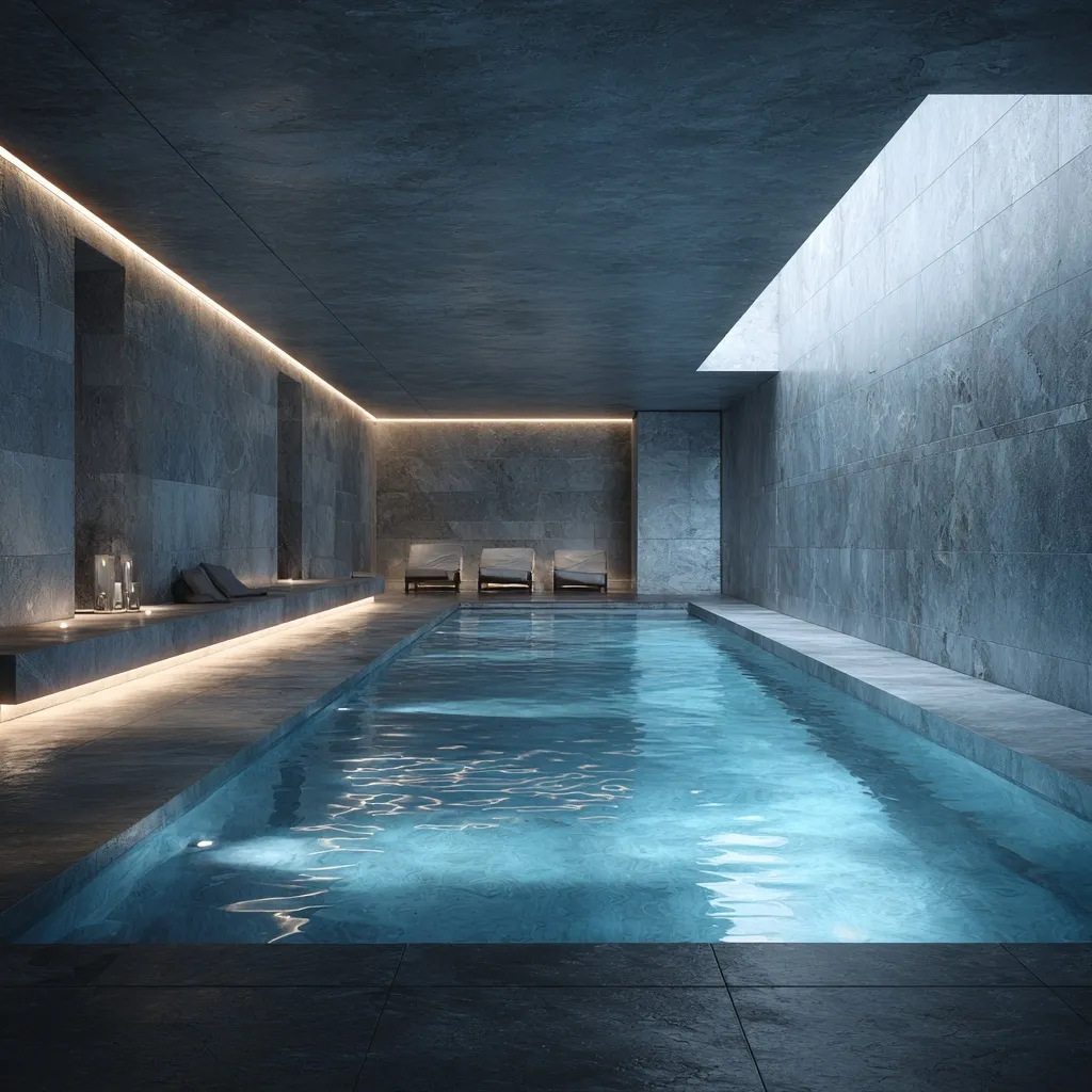 Modern luxury indoor basement pool with gray stone walls and natural skylight illumination for home spa design.
