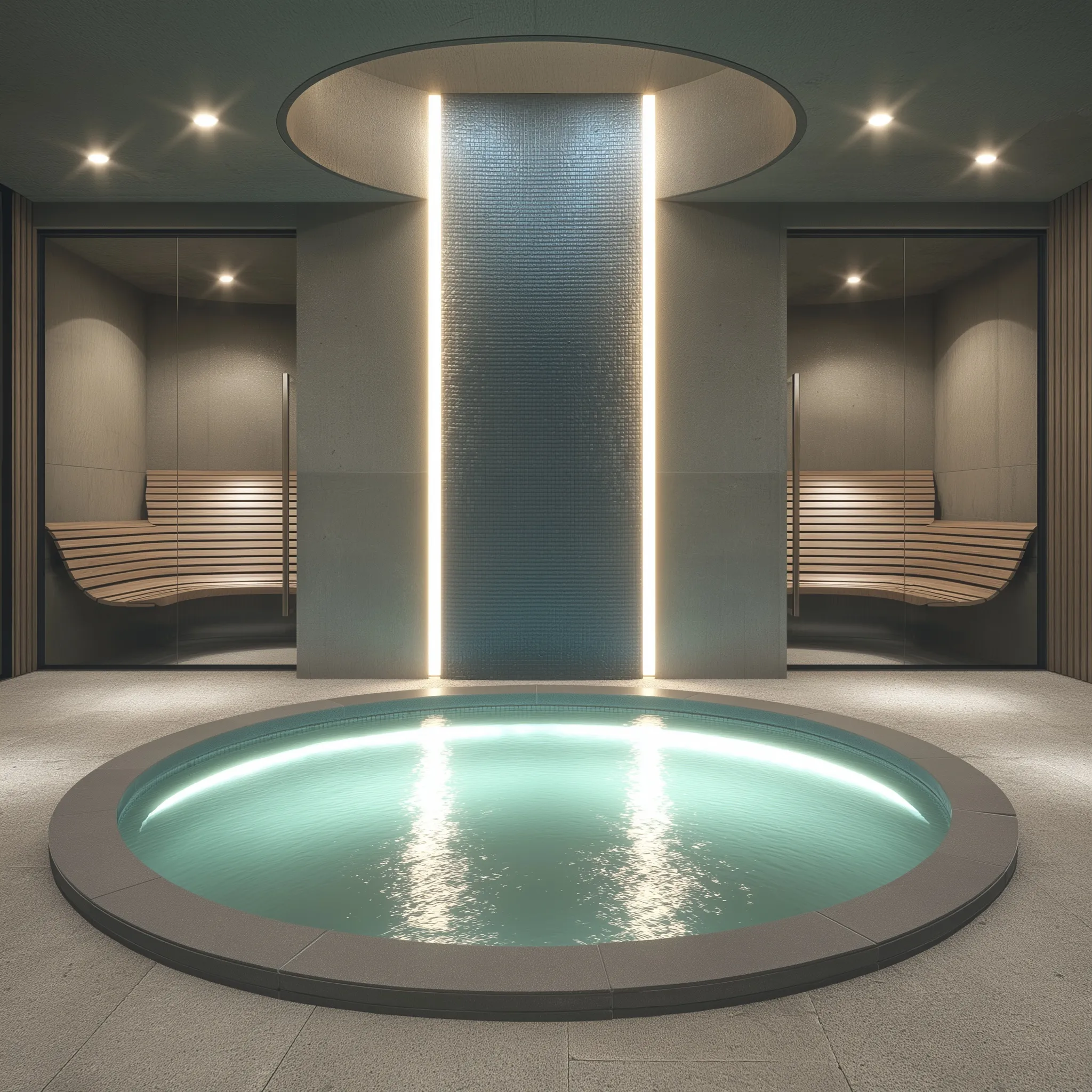 Luxury modern cellar spa with circular hot tub, cold plunges, and saunas in a minimalist architectural space.