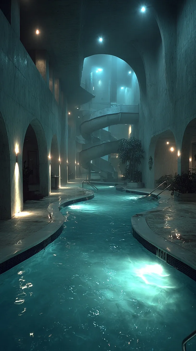 Moody indoor luxury pool with dark water, mysterious waterslide, and endless architectural spa voids.