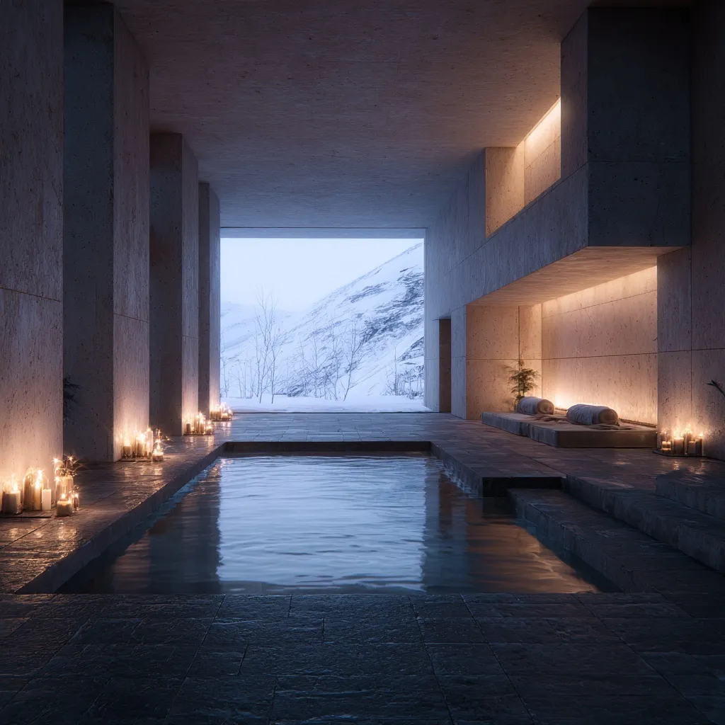 A luxury indoor spa with minimalist decor, glowing candles, and a scenic snowy outdoor view.