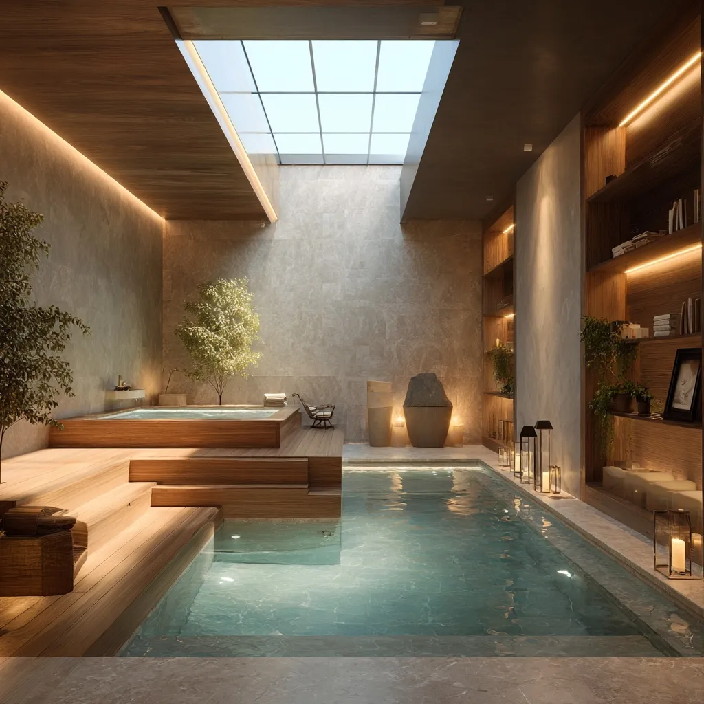 Modern luxury spa interior featuring hot and cold plunge pools with wood accents and natural light from a skylight.