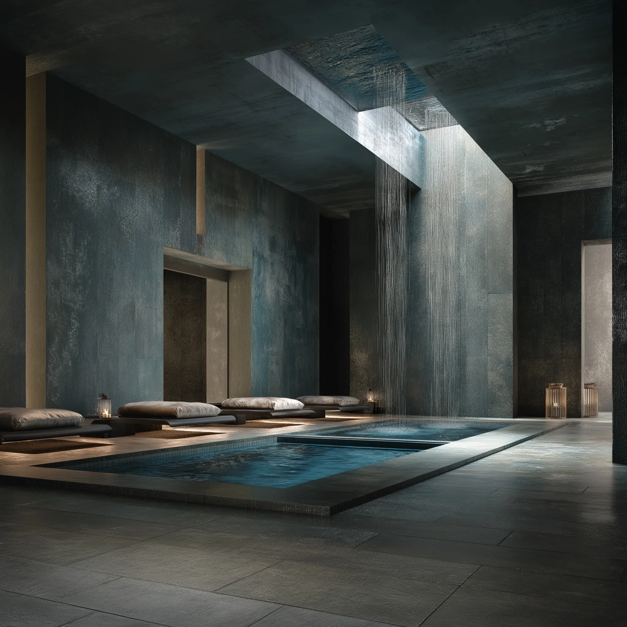 Modern luxury indoor spa with Verdi Alpi and titanium travertine tiles, double ceiling waterfall, and sleek design.