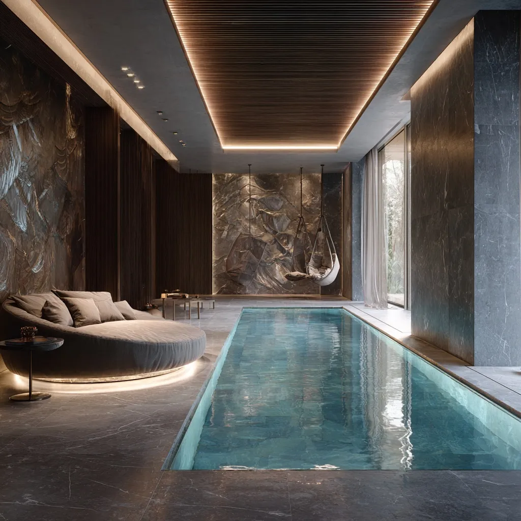 Luxury private indoor spa with rectangular pool, dark marble floors, wood paneling, and soft ambient LED lighting.