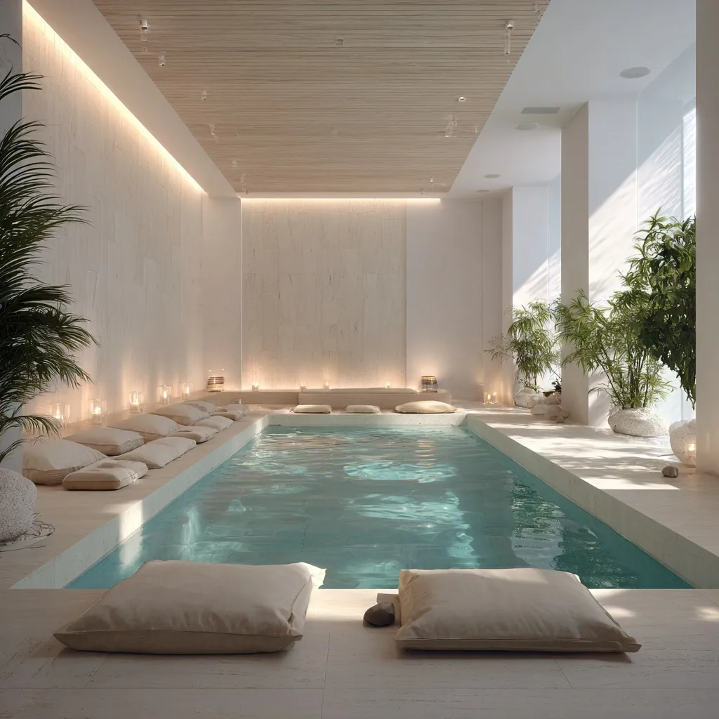 Modern indoor pool spa in a minimalist room with warm lighting, wood accents, and potted plants.