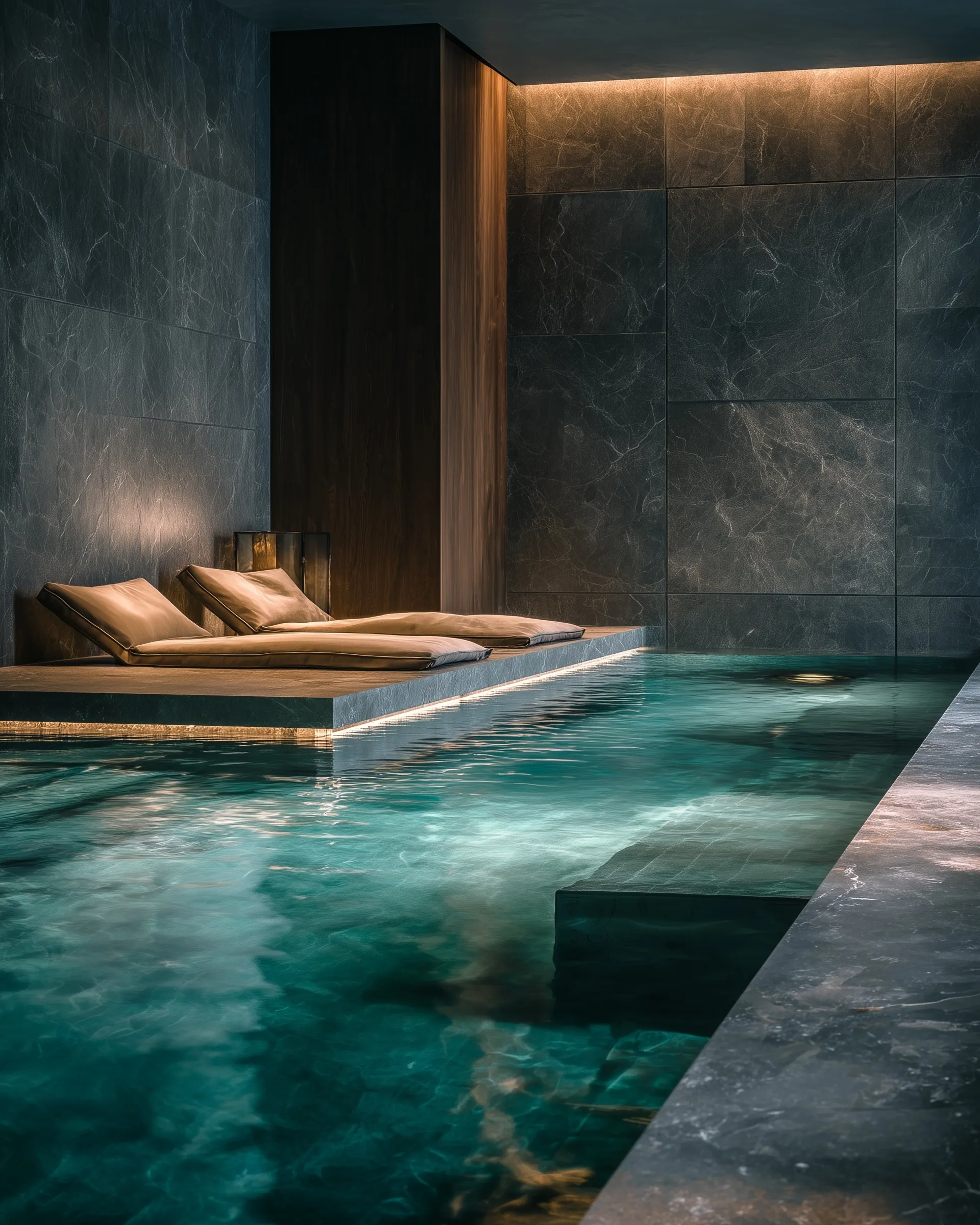 Close-up top view of a luxury hotel spa pool with dark marble, warm lighting, and minimalist interior design.