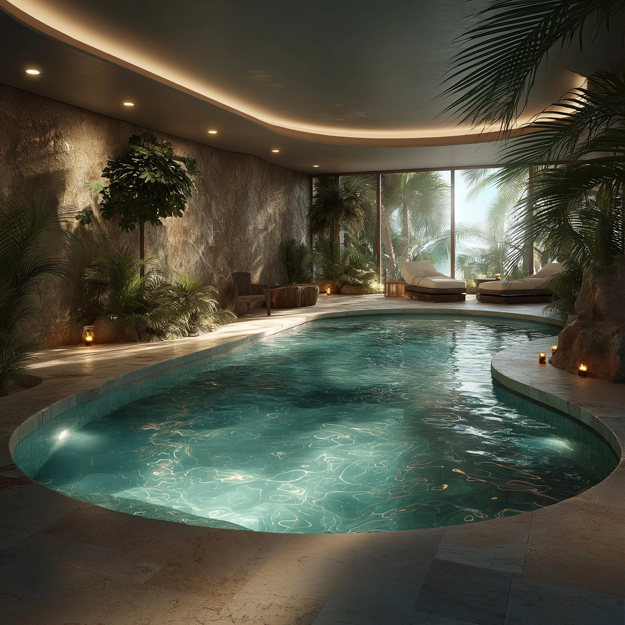 Luxury indoor pool and jacuzzi spa with tropical plants, warm stone walls, and scenic sea view windows.