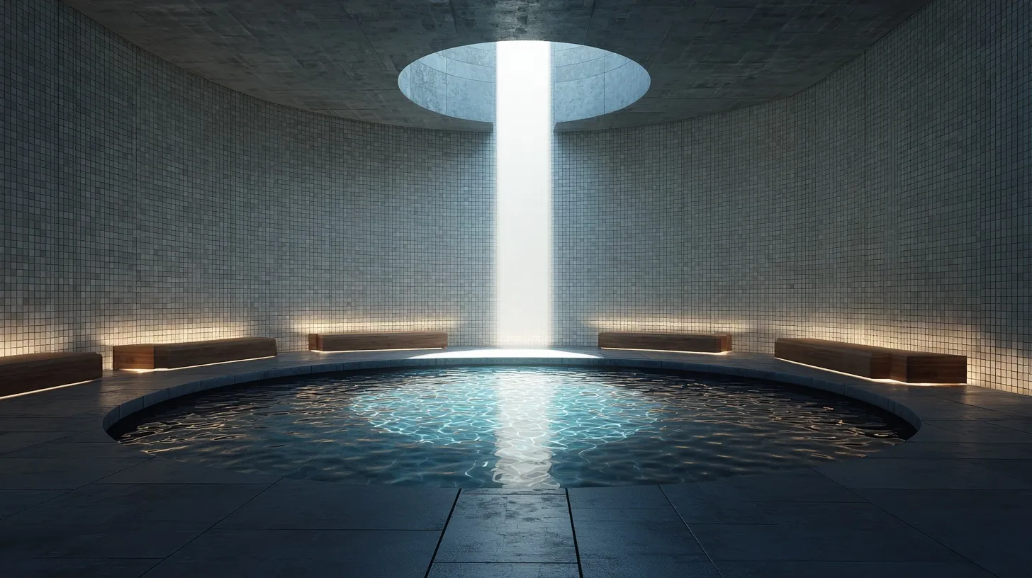 Minimalist luxury indoor spa with a central circular pool, skylight, and ivory and navy architectural tile design.