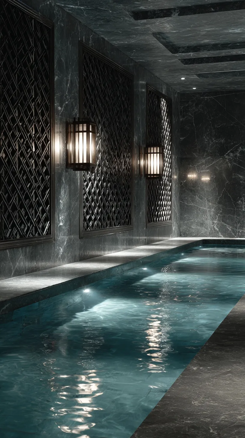 Luxurious subterranean spa pool room with dark slate grey woven walls and atmospheric caustic light reflections.