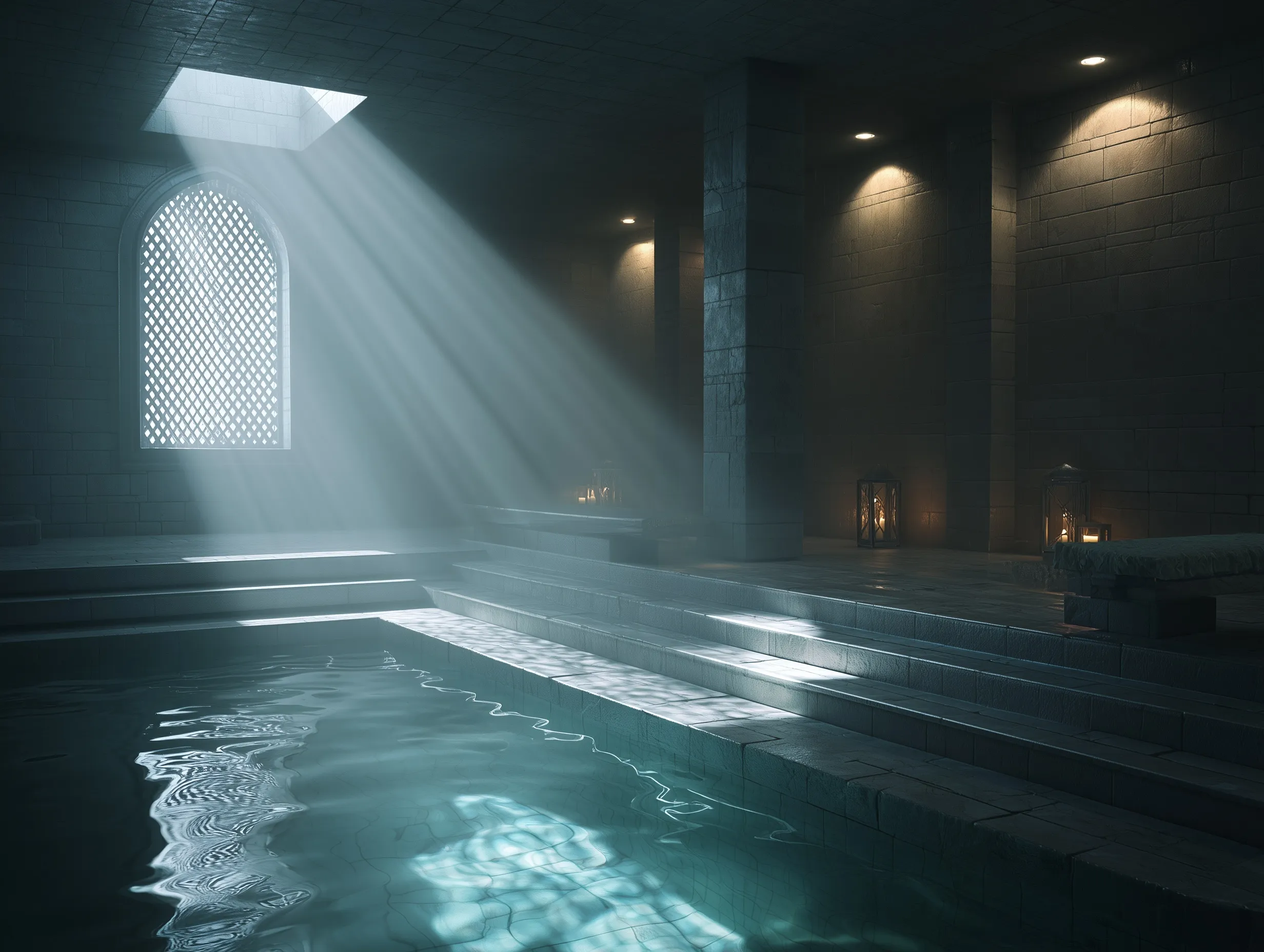 Luxury indoor mikvah spa with dramatic lighting, representing purity and serenity in a modern home design.