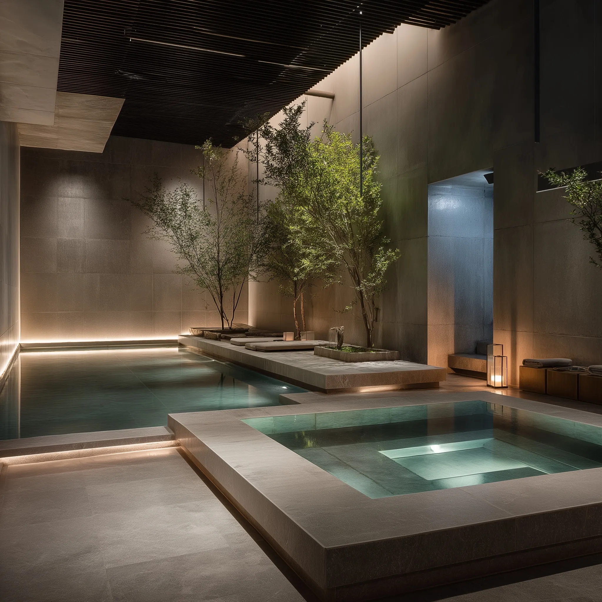 A luxurious indoor swimming pool and spa room in a modern home, featuring elegant design and ambient lighting.