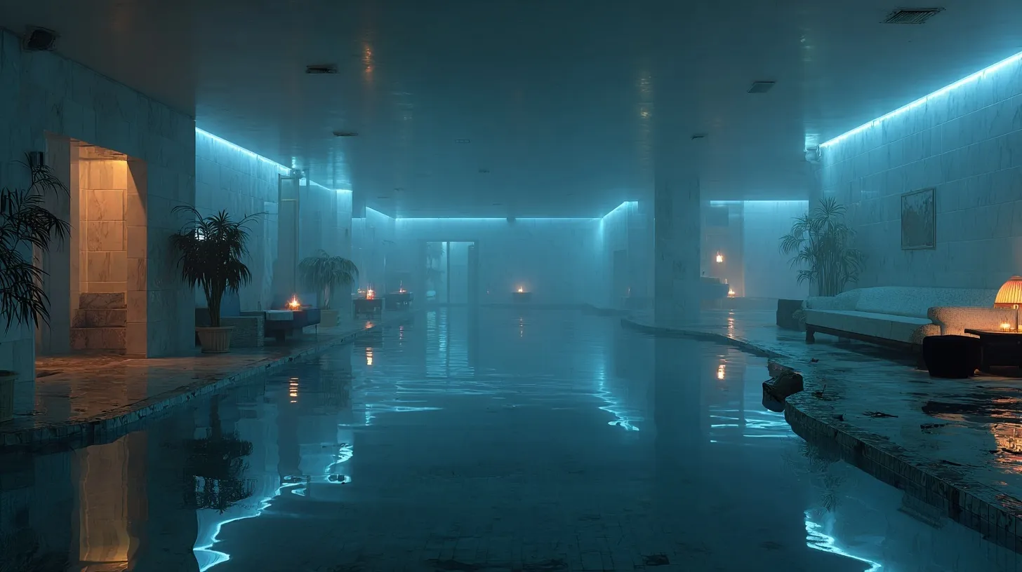 Surreal indoor pool spa with glowing blue water, liminal atmosphere, and soft fog in a luxury home.