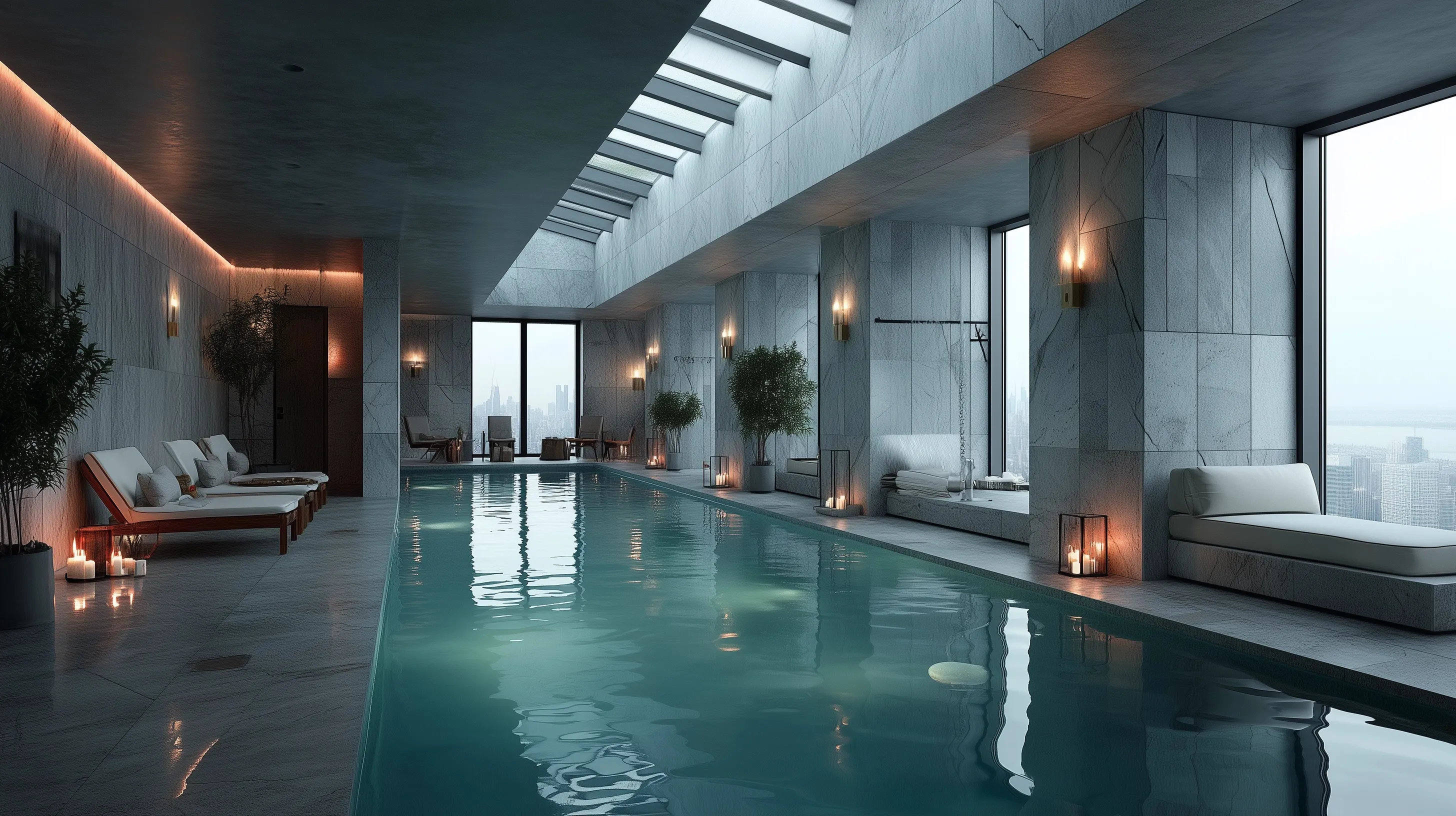 Luxury indoor infinity pool in a Manhattan penthouse with floor-to-ceiling views of Central Park.