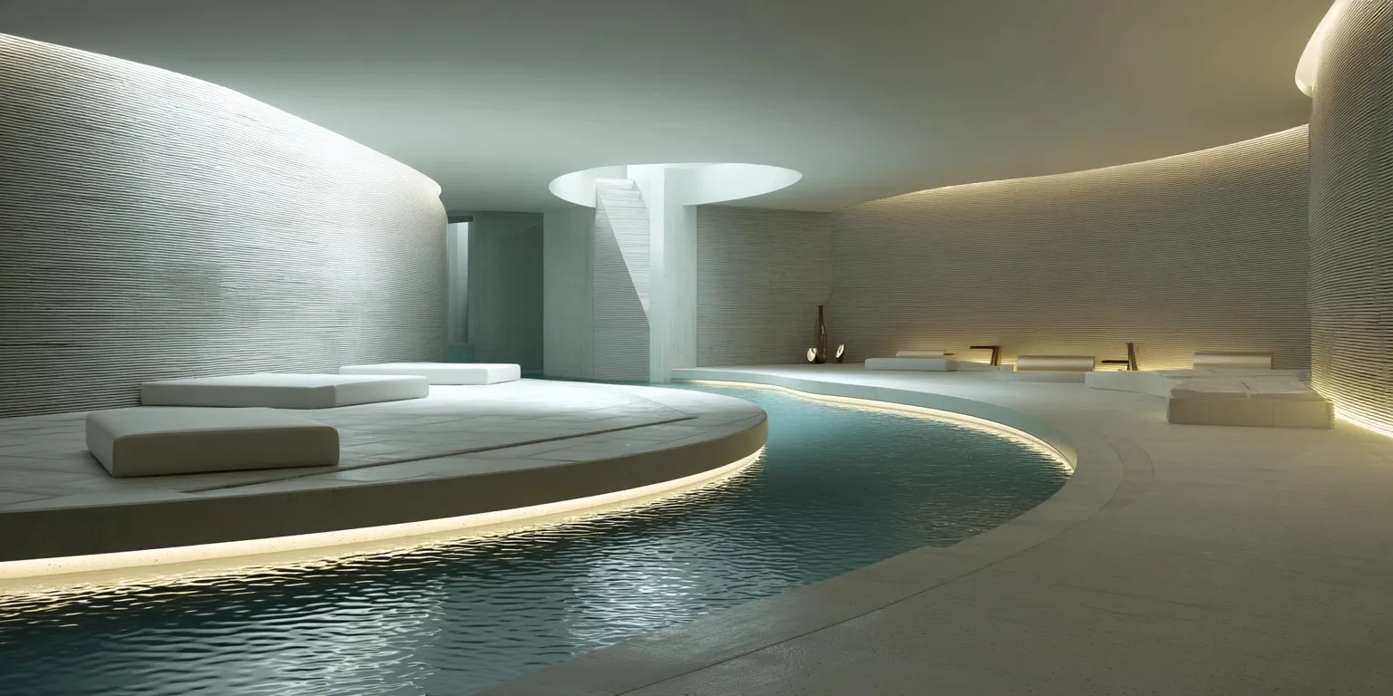 Modern luxury indoor spa pool with automated water treatment system in a minimalist wellness home interior.