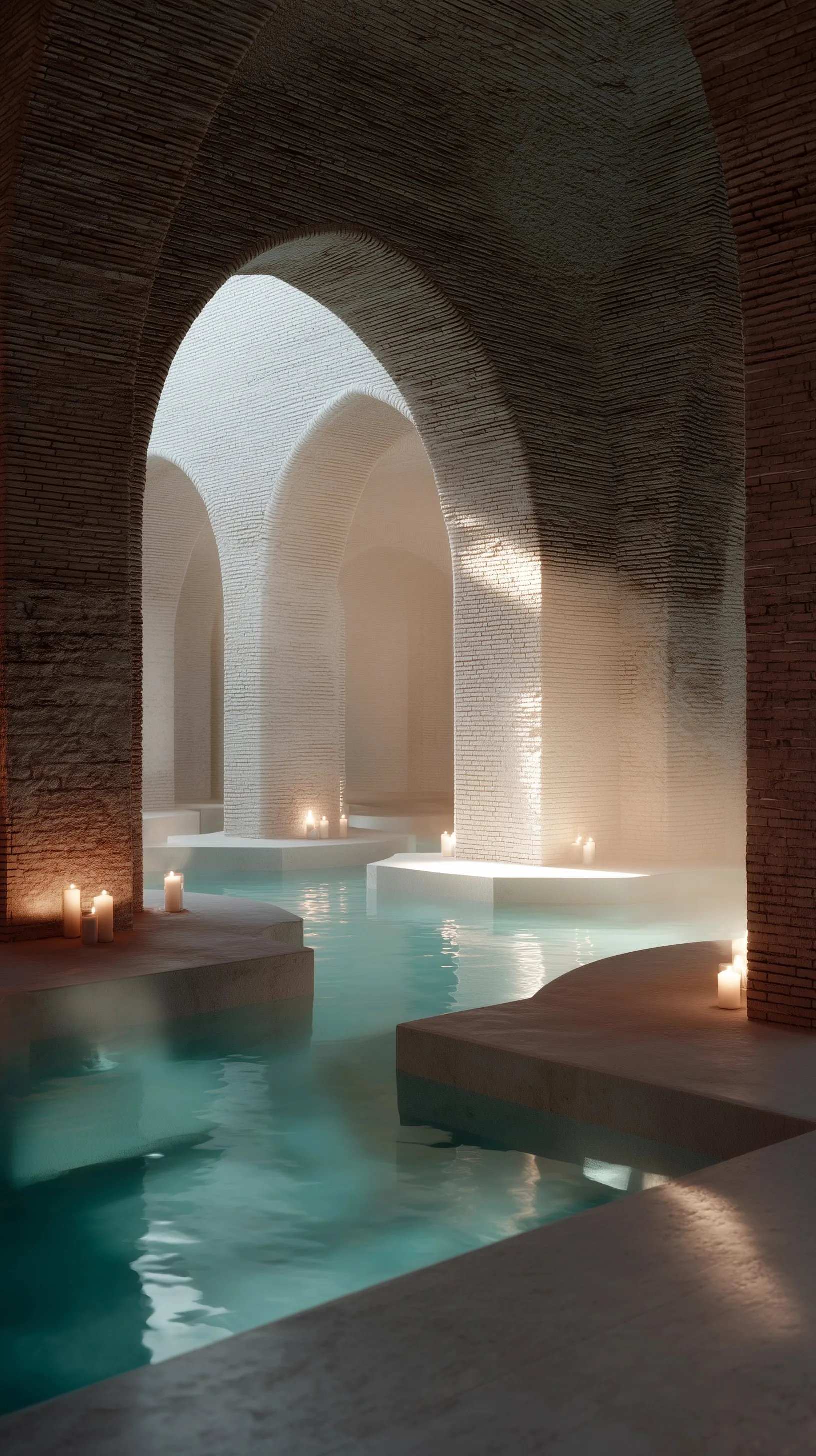 Luxurious indoor thermal spa with turquoise pools, arched brick walls, and soft candlelight in a serene home setting.