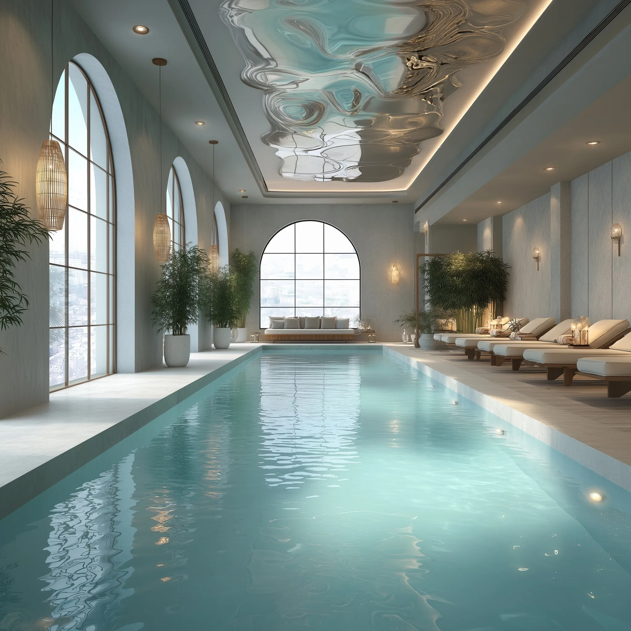 Luxury indoor pool spa in a modern Kolkata club with marble accents, warm lighting, and minimalist lounge decor.