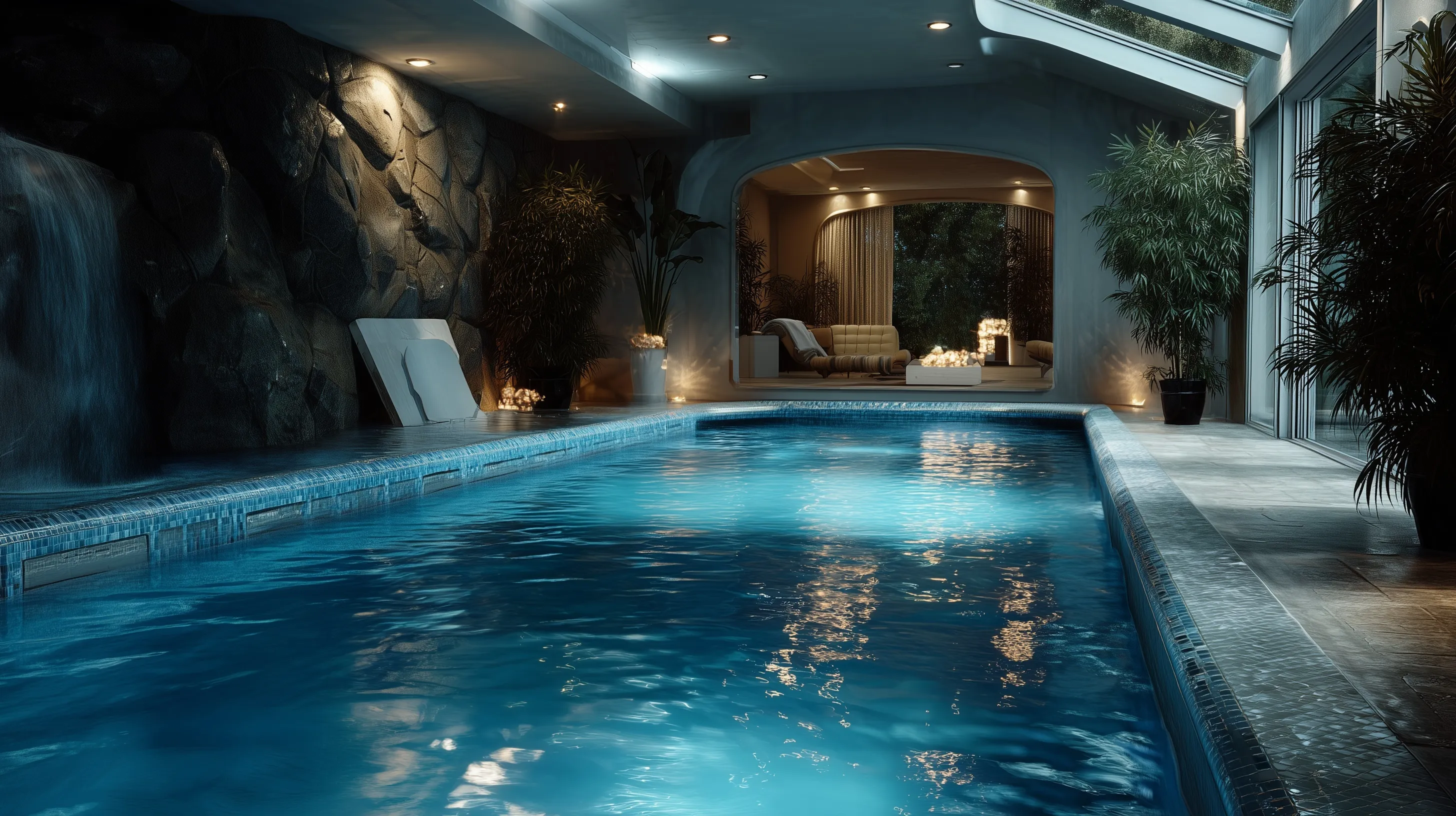 Cinematic indoor luxury home pool and spa area for modern house renovation or interior design inspiration.