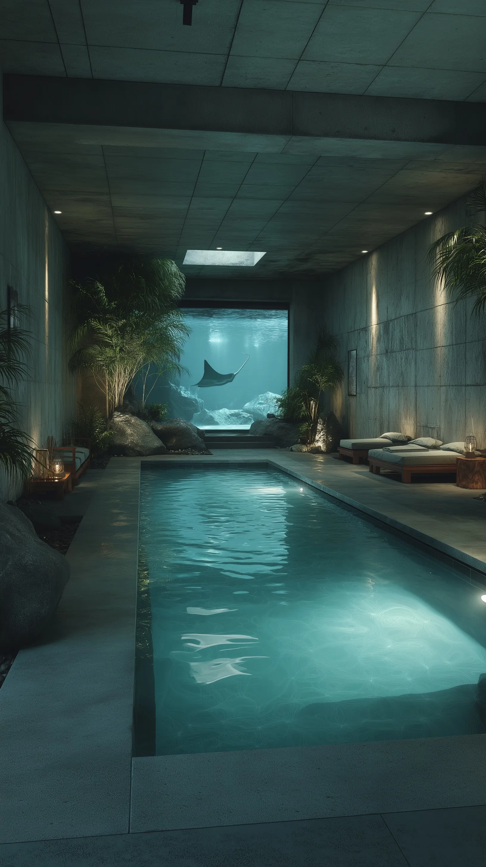 Luxury indoor lap pool in a brutalist home with a large aquarium window showcasing a swimming manta ray.