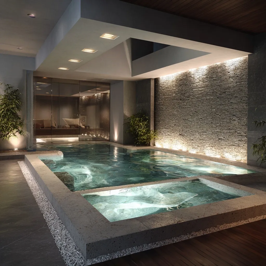 Modern luxury indoor spa with a jacuzzi inside a glass-walled mansion bedroom, perfect for home renovation inspiration.