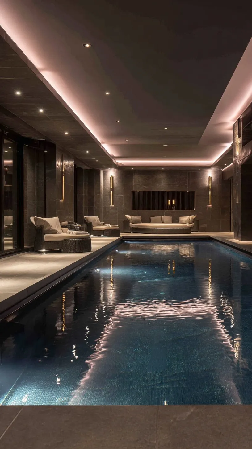 Luxurious indoor pool in a modern Scottish home with plum tiles, pink lighting, and gold fixtures at night.