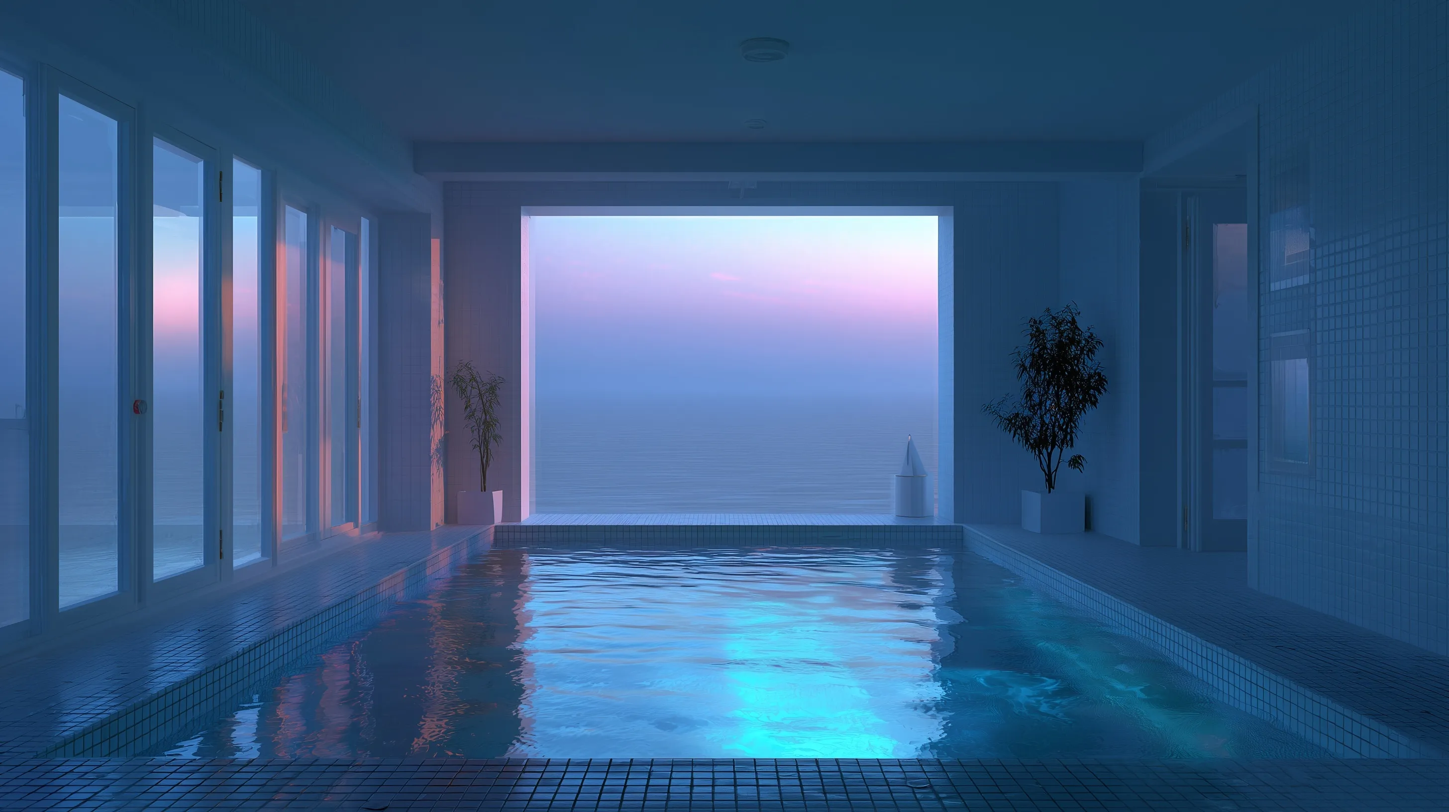 Dreamcore indoor luxury pool spa with blue hour lighting visible through a large window.