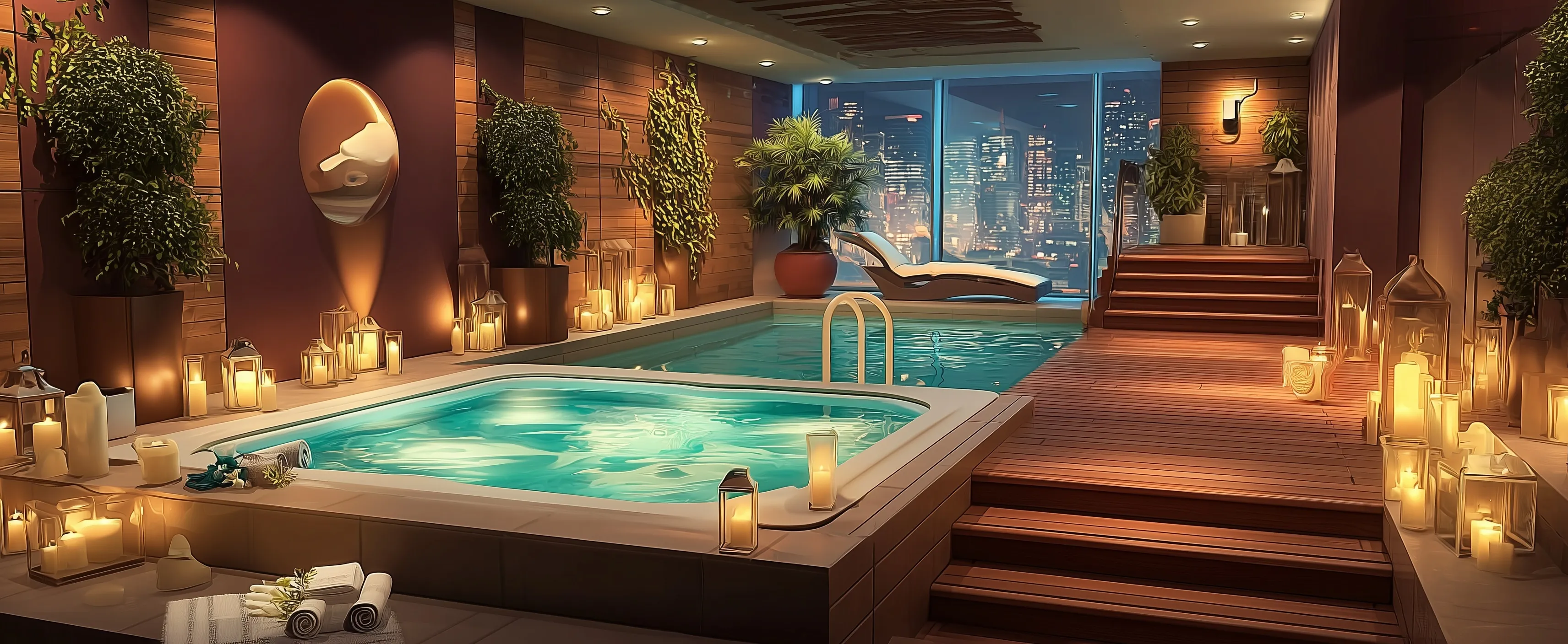 Luxury indoor Jacuzzi spa with glowing colored lights and candles for a relaxing home wellness retreat.
