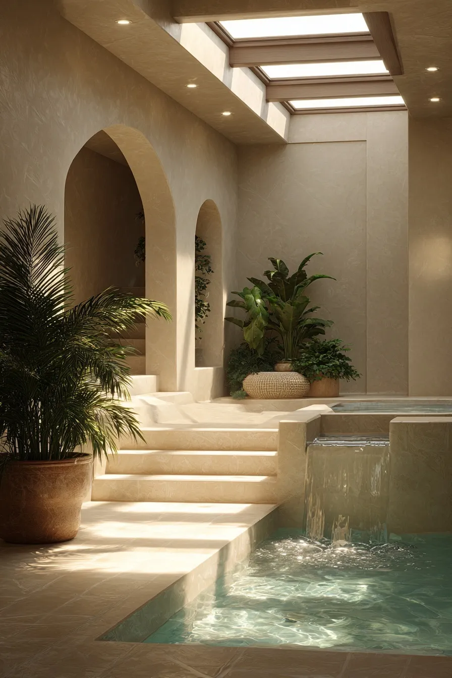 Luxury indoor spa with pool, cascading water feature, skylight, and lush plants in a modern home renovation.