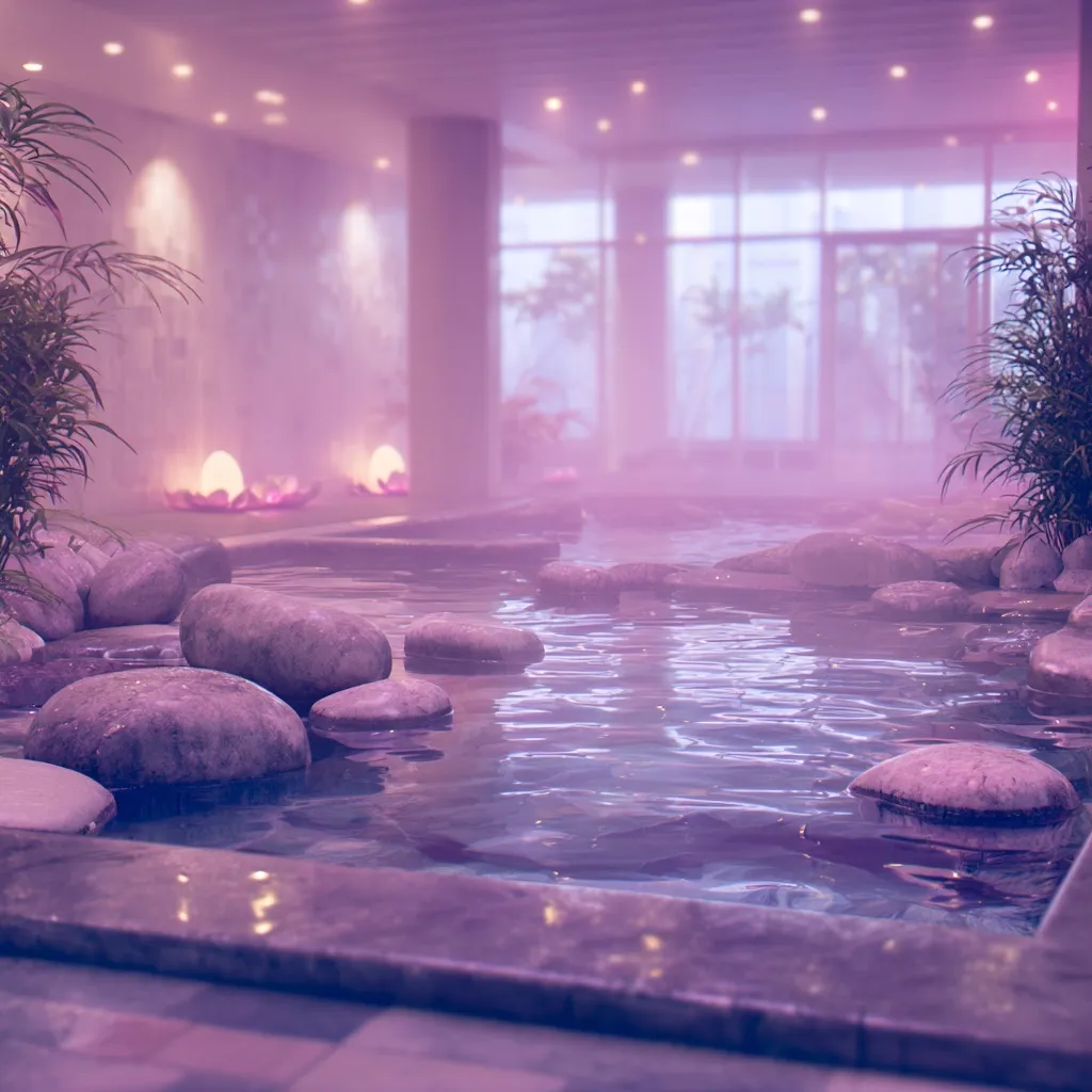 A luxury indoor spa with Korean-inspired water elements and soft, dreamlike purple ambient lighting for home decor.