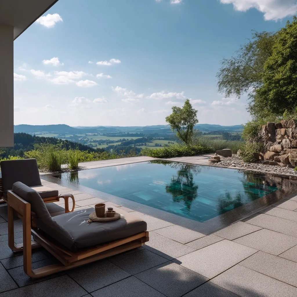 Luxury infinity pool with scenic South Germany mountain view, lounge chair, and modern architectural design.
