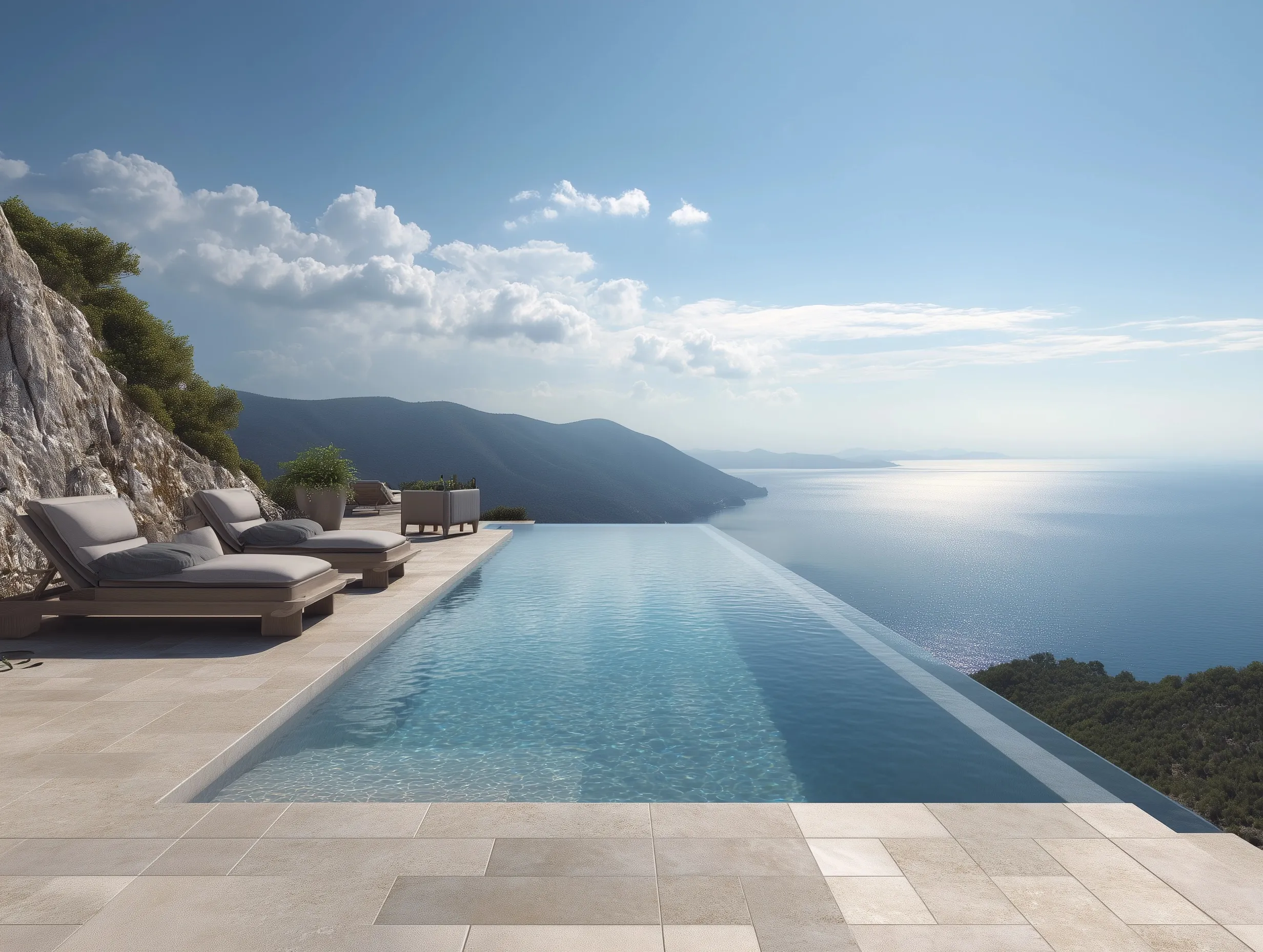Luxury Mediterranean infinity pool with grey lounge chairs overlooking the sea on a sunny hillside.