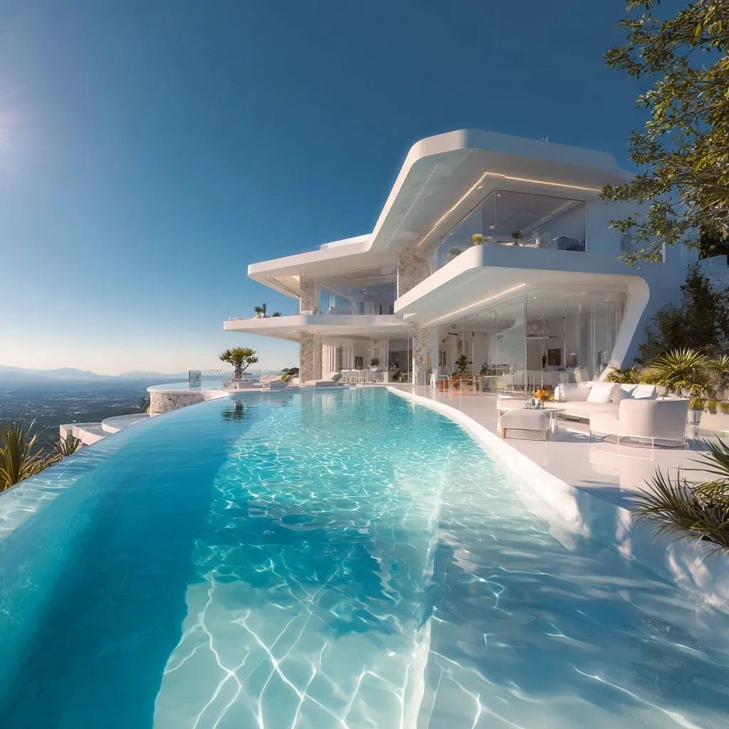 Luxury modern villa with infinity pool overlooking a panoramic landscape under a clear blue sky.