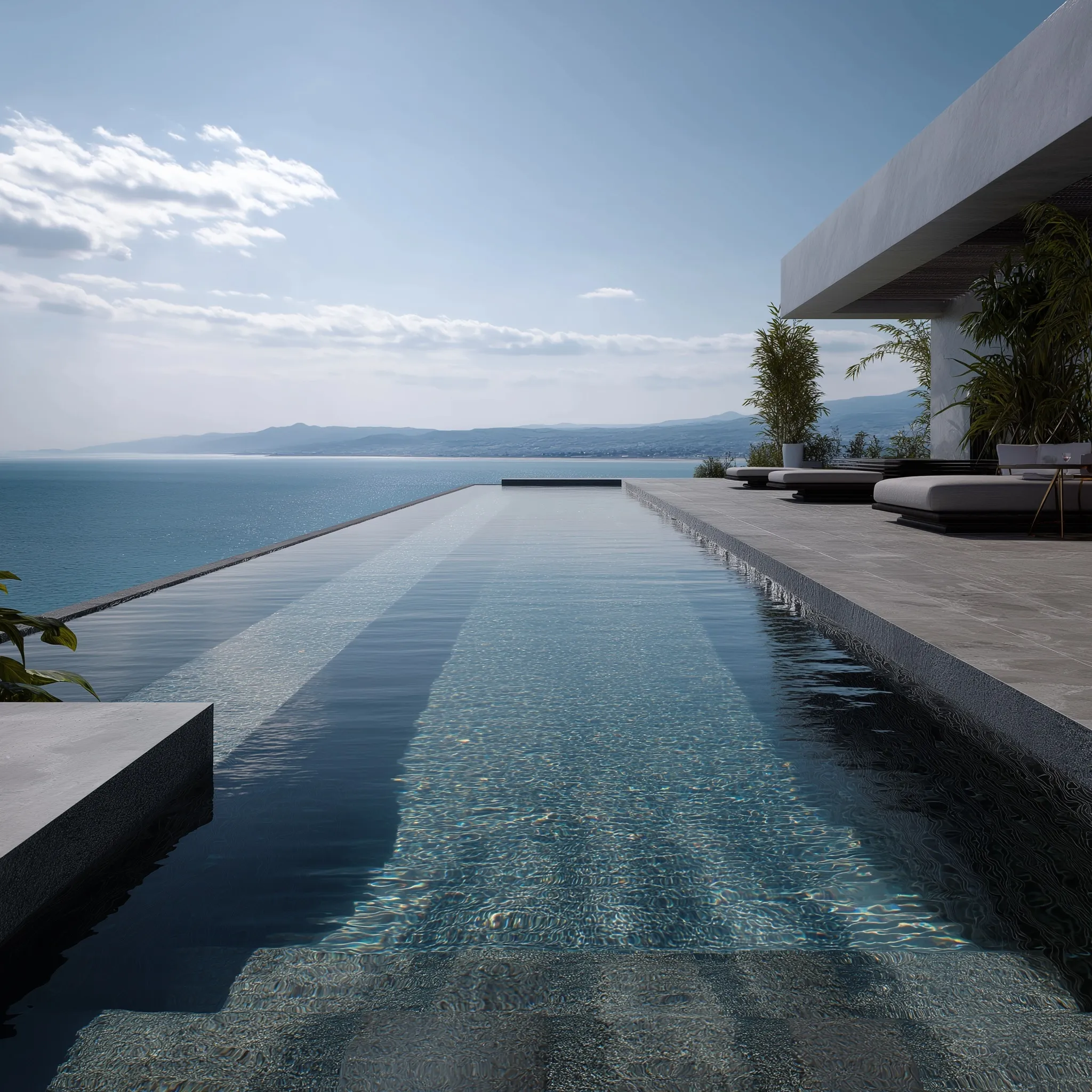 A luxury infinity pool overlooking the Spanish coast with cinematic, photorealistic architectural design.
