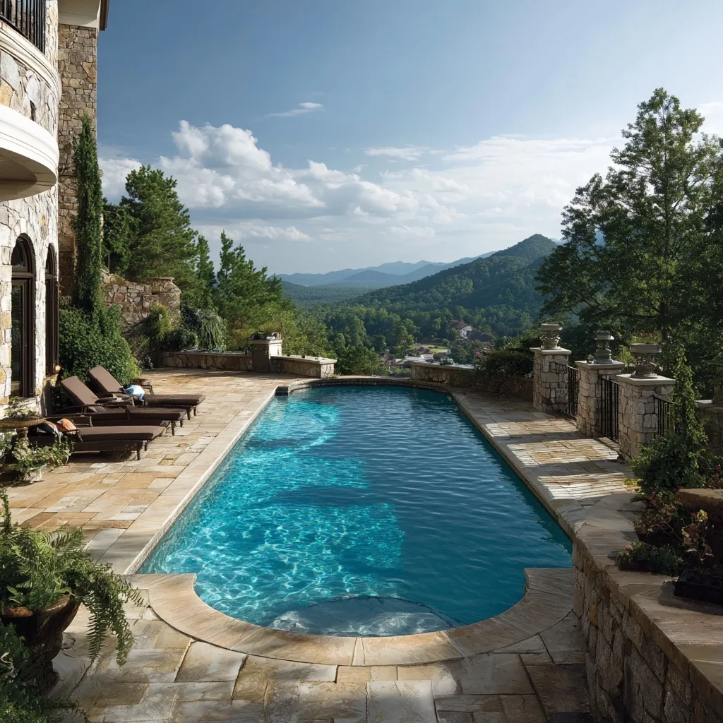 Luxury Roman-style infinity pool with blond flagstone decking overlooking a lush green valley.
