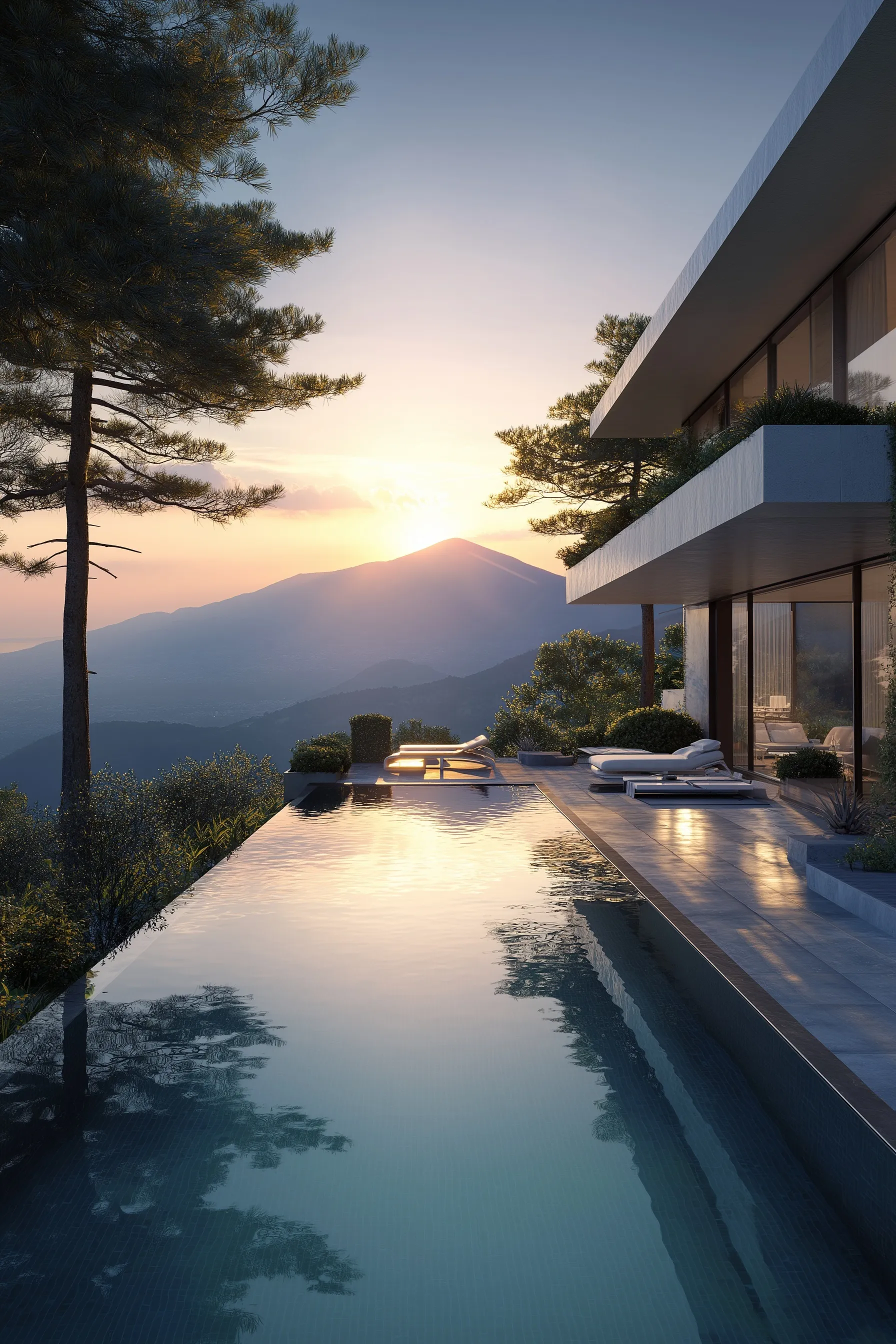 Luxury villa with an infinity pool overlooking hilly terrain, pine trees, and a mountain reflection at sunset.