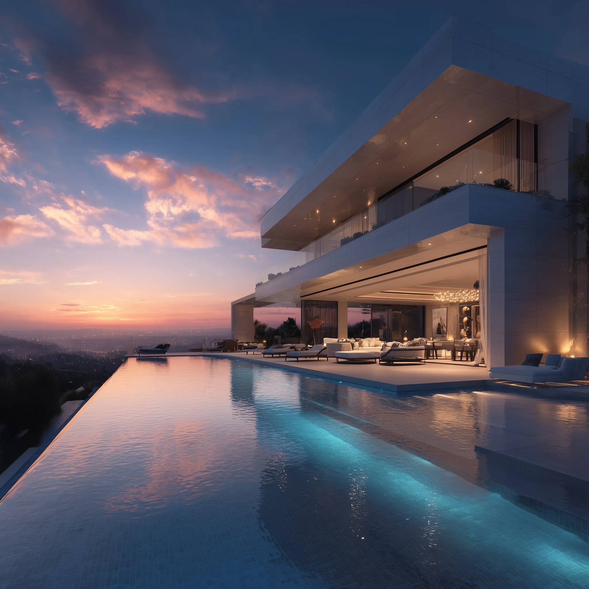 Luxury Beverly Hills mansion infinity pool overlooking Los Angeles at sunset with ultra-realistic modern architecture.