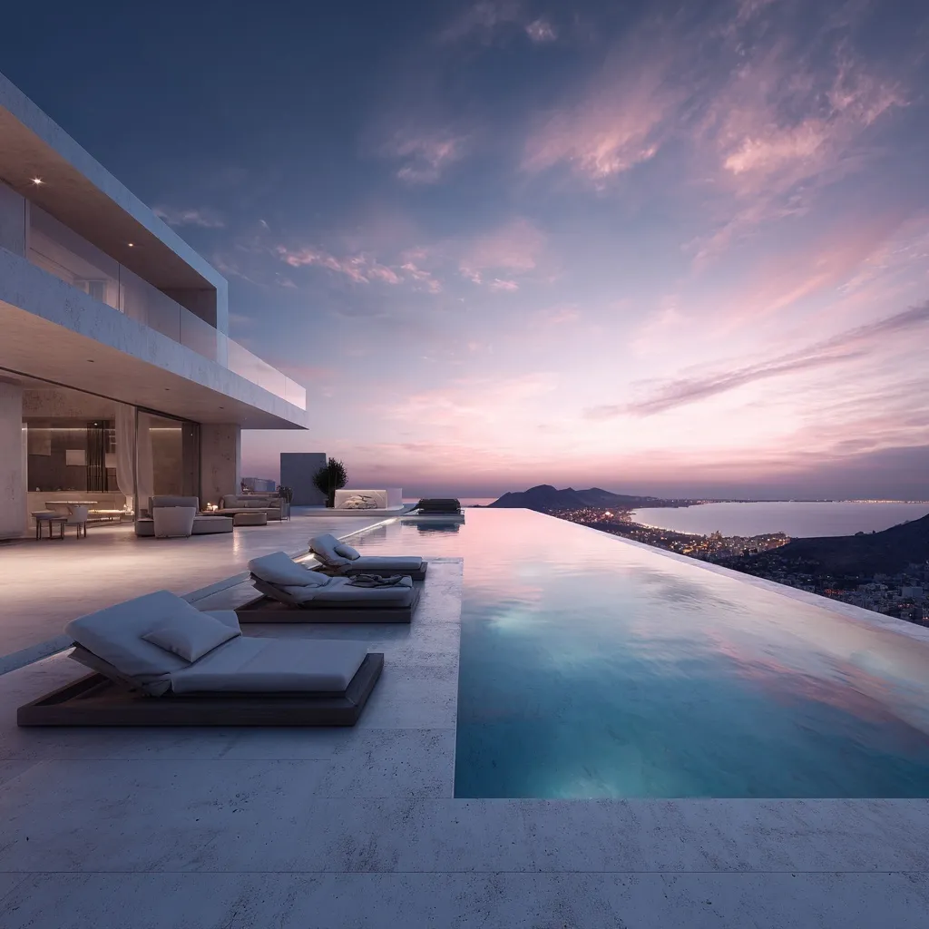 Ultra-realistic infinity pool terrace with luxury loungers overlooking a Mediterranean sunset.