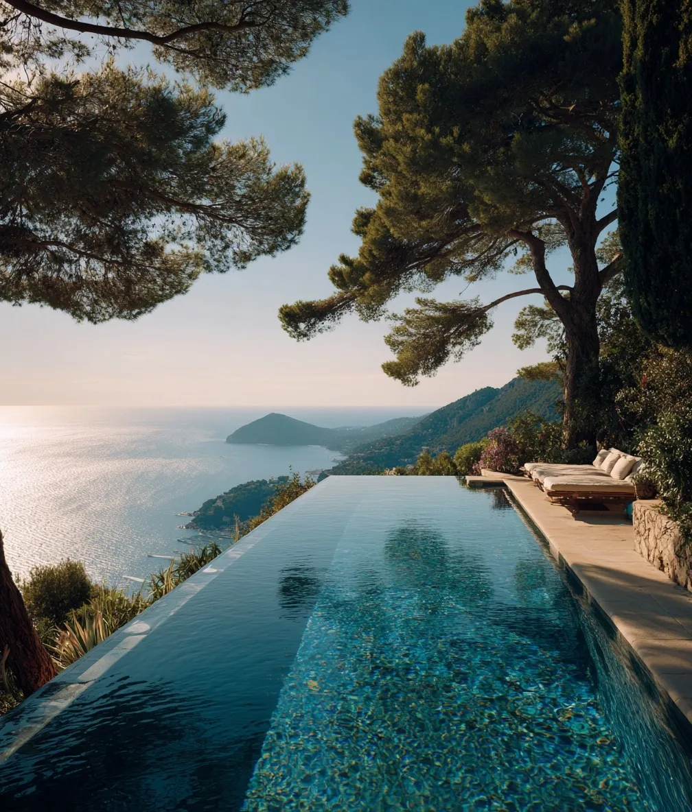 Luxury infinity pool overlooking the French Riviera sea and Mediterranean pine trees.